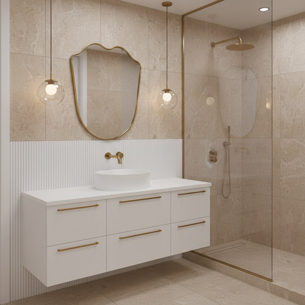 Wavy brass mirror in modern beige bathroom vanity