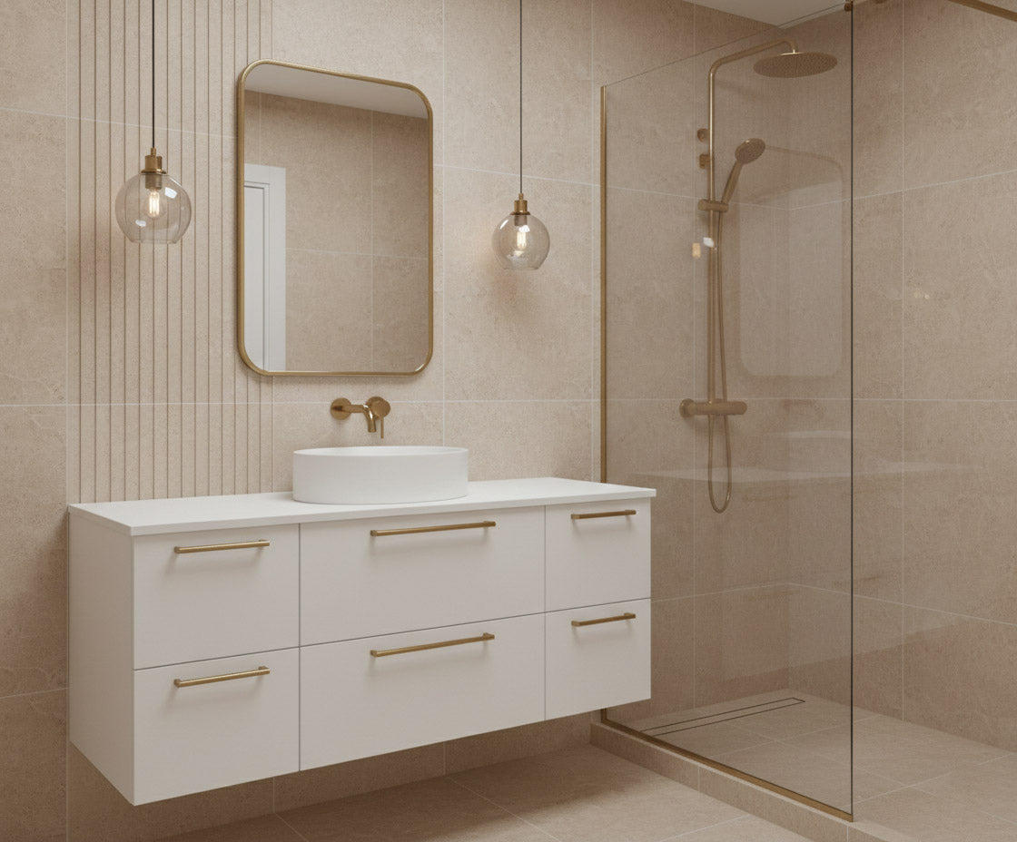Rectangular brass mirror above white floating bathroom vanity.