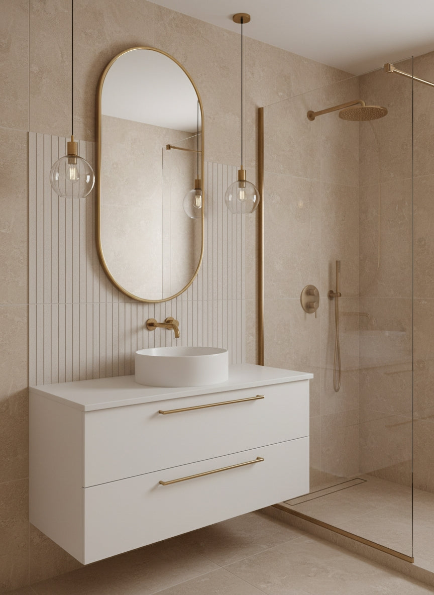 Arched brass bathroom mirror