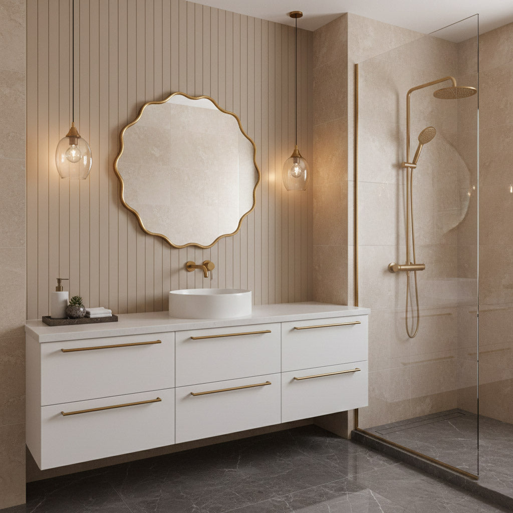 Round wavy brass mirror above white vanity in modern beige bathroom.