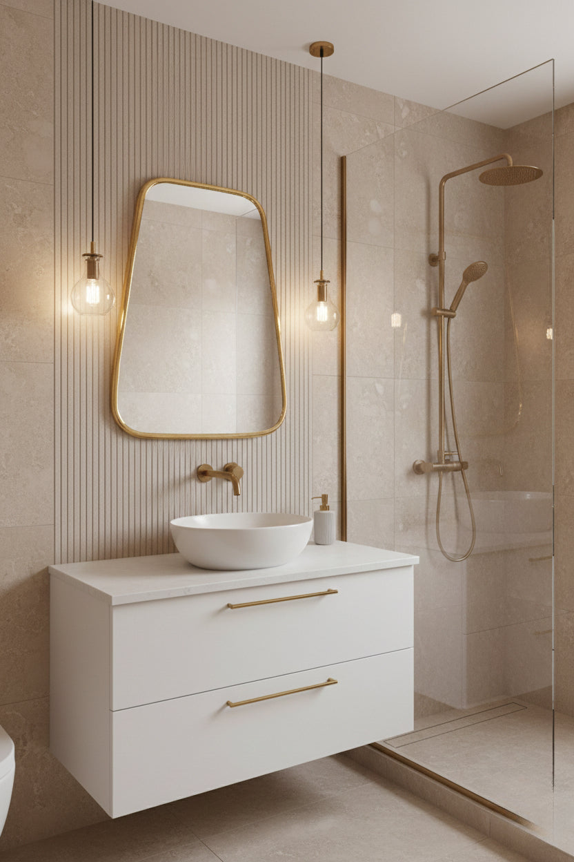 Irregular brass mirror in modern bathroom