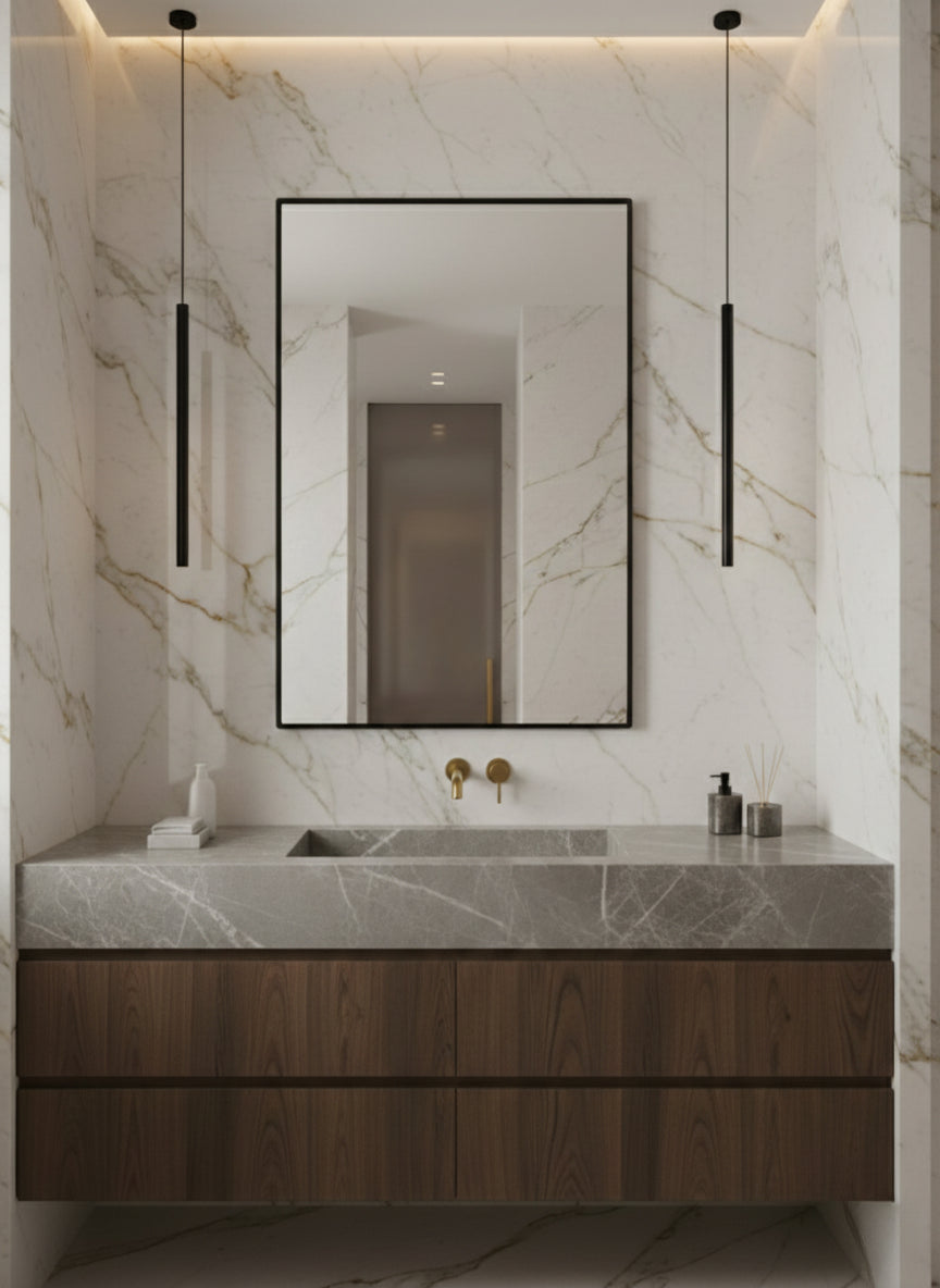 Black rectangular wall mirror above marble vanity with pendant lights.