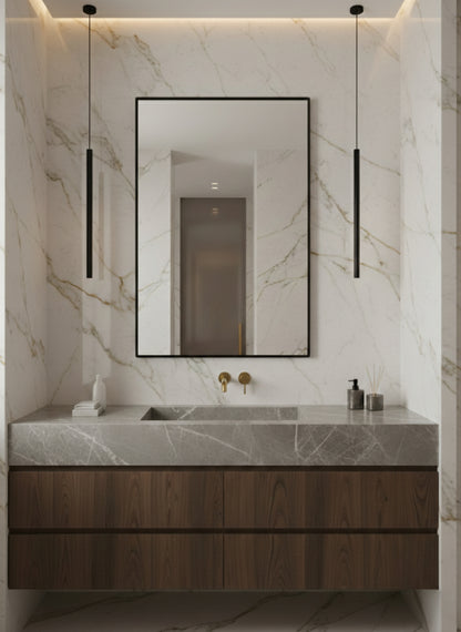 Black rectangular wall mirror above marble vanity with pendant lights.