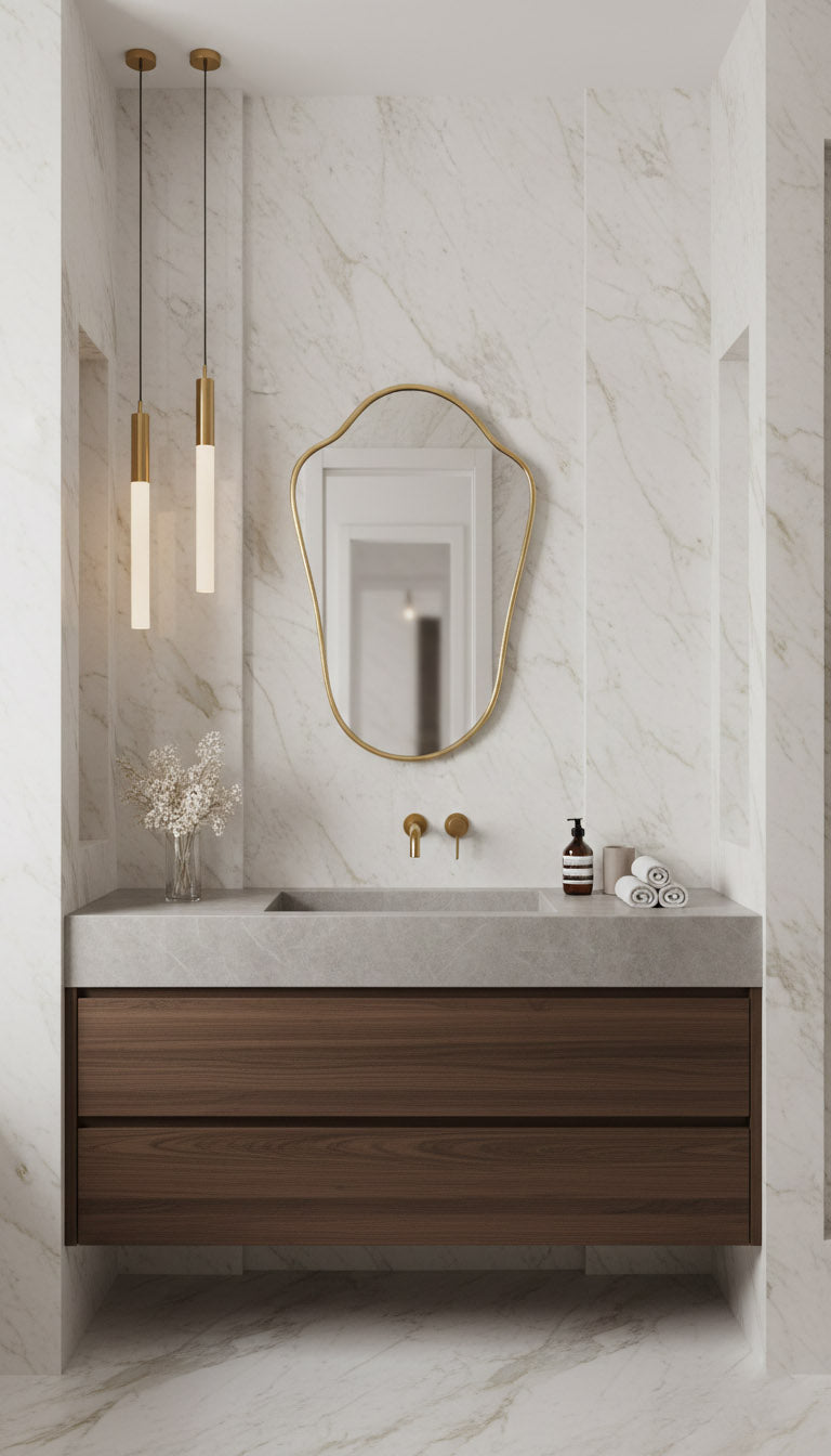 Tapered brass bathroom mirror