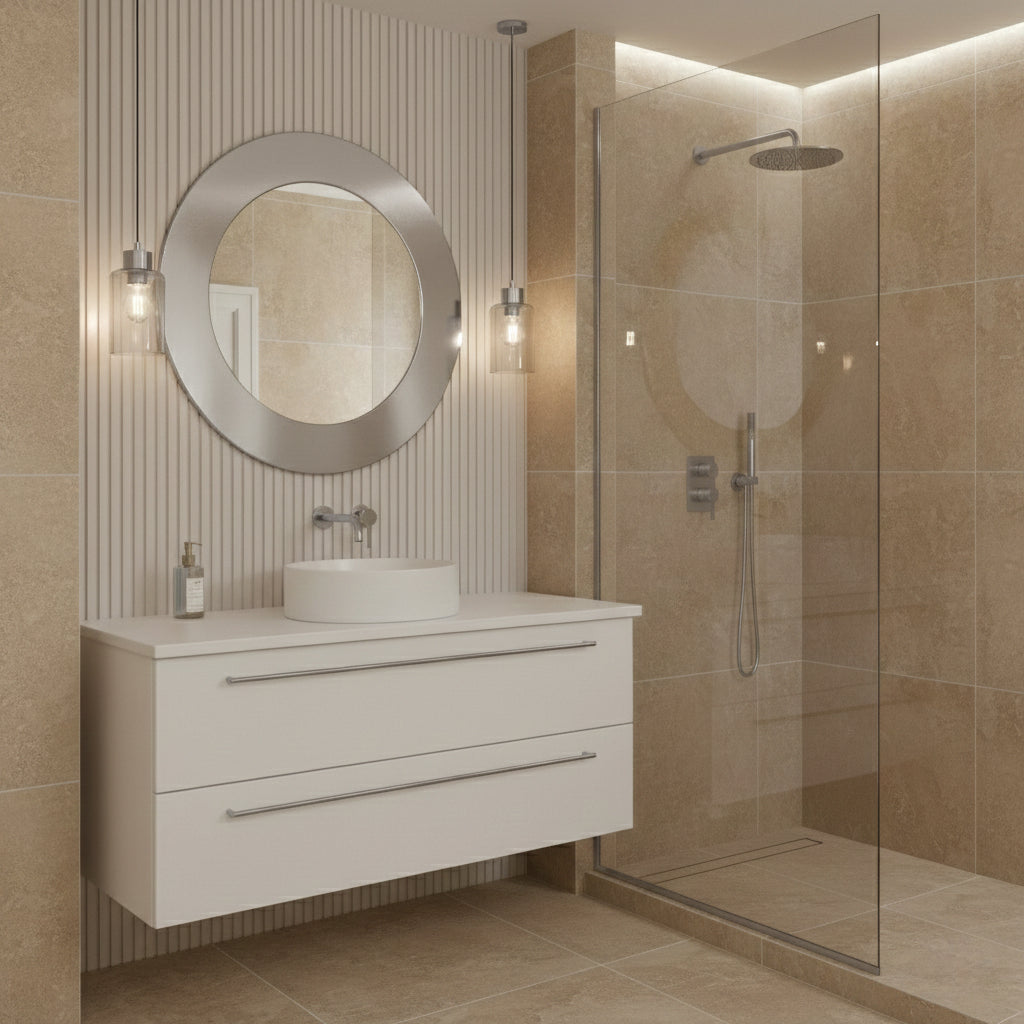 Round silver brass mirror over white floating vanity in beige bathroom.