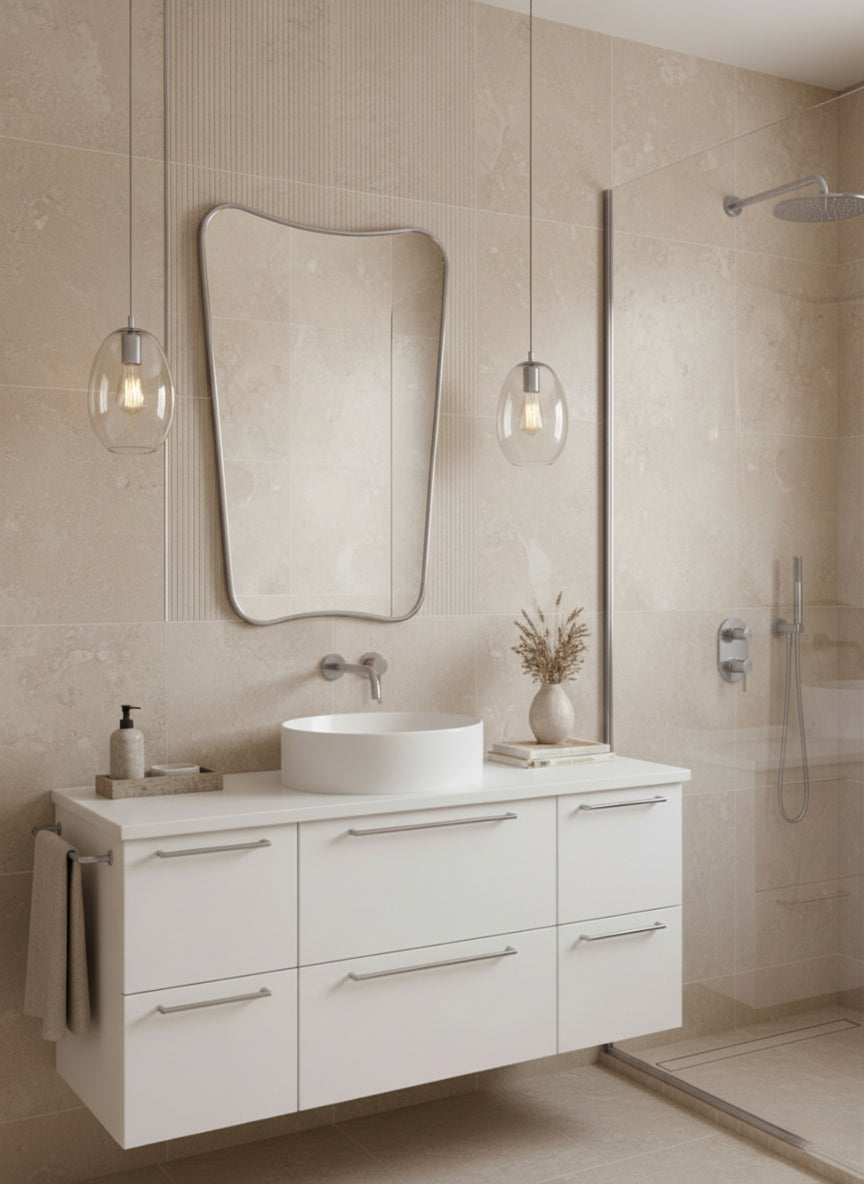 Silver brass mirror above white floating vanity in beige bathroom.
