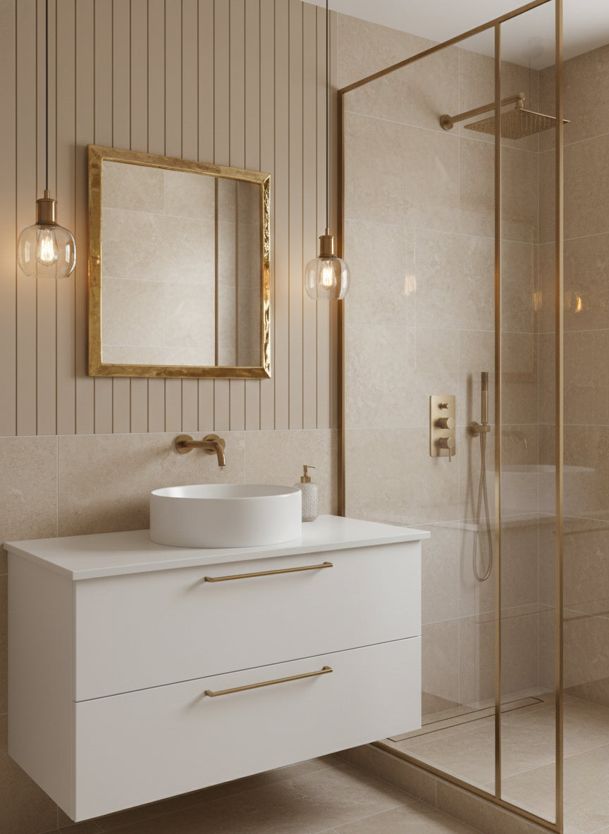 Contemporary bathroom with square brass mirror and glass shower