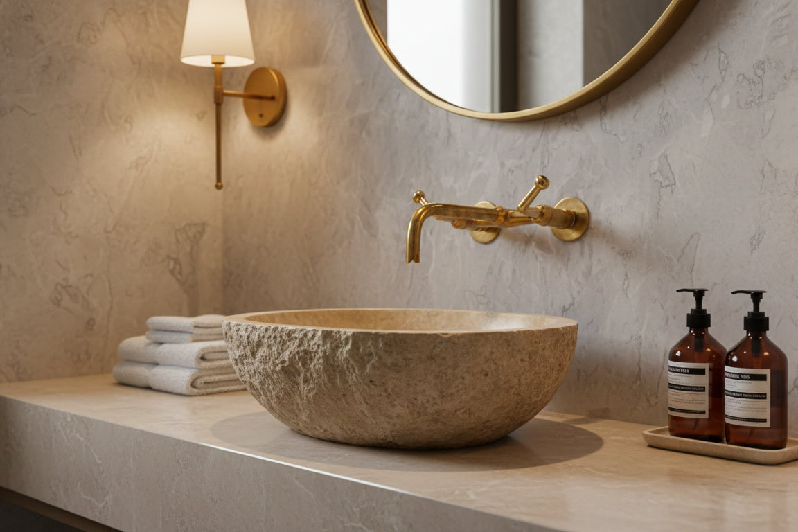 Brushed brass wall faucet over natural stone bowl sink on vanity.