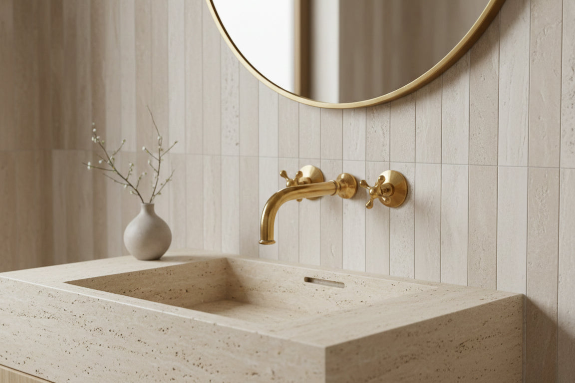 Modern stone sink with wall-mounted brass faucet and round mirror