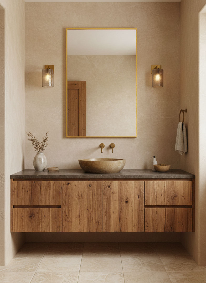 Triangle brass mirror above wooden bathroom cabinet