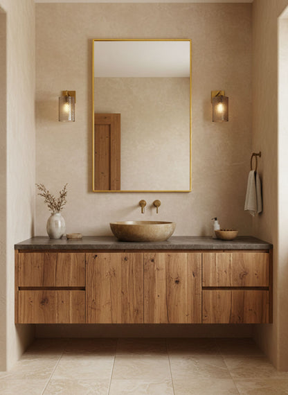Triangle brass mirror above wooden bathroom cabinet