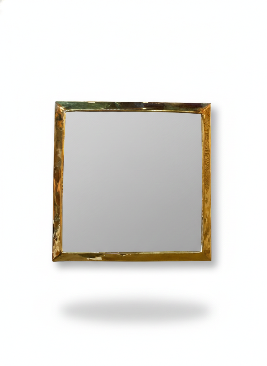 Square handmade brass wall mirror with polished gold frame