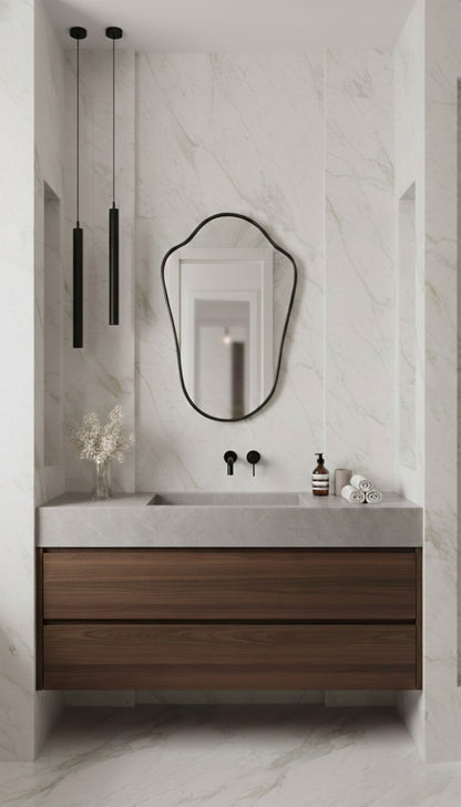 Black shield bathroom mirror in modern marble vanity