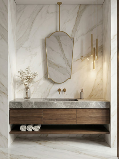 Crown arch brass ceiling mirror in marble bathroom