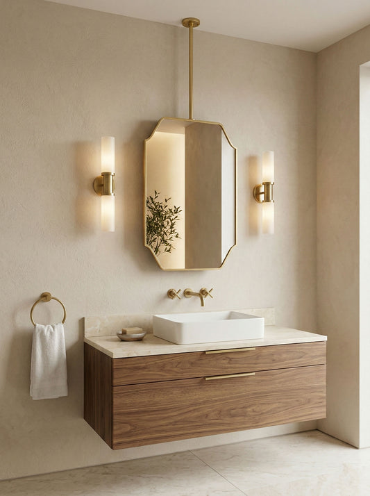  Suspended brass mirror above walnut floating vanity with warm wall sconces.