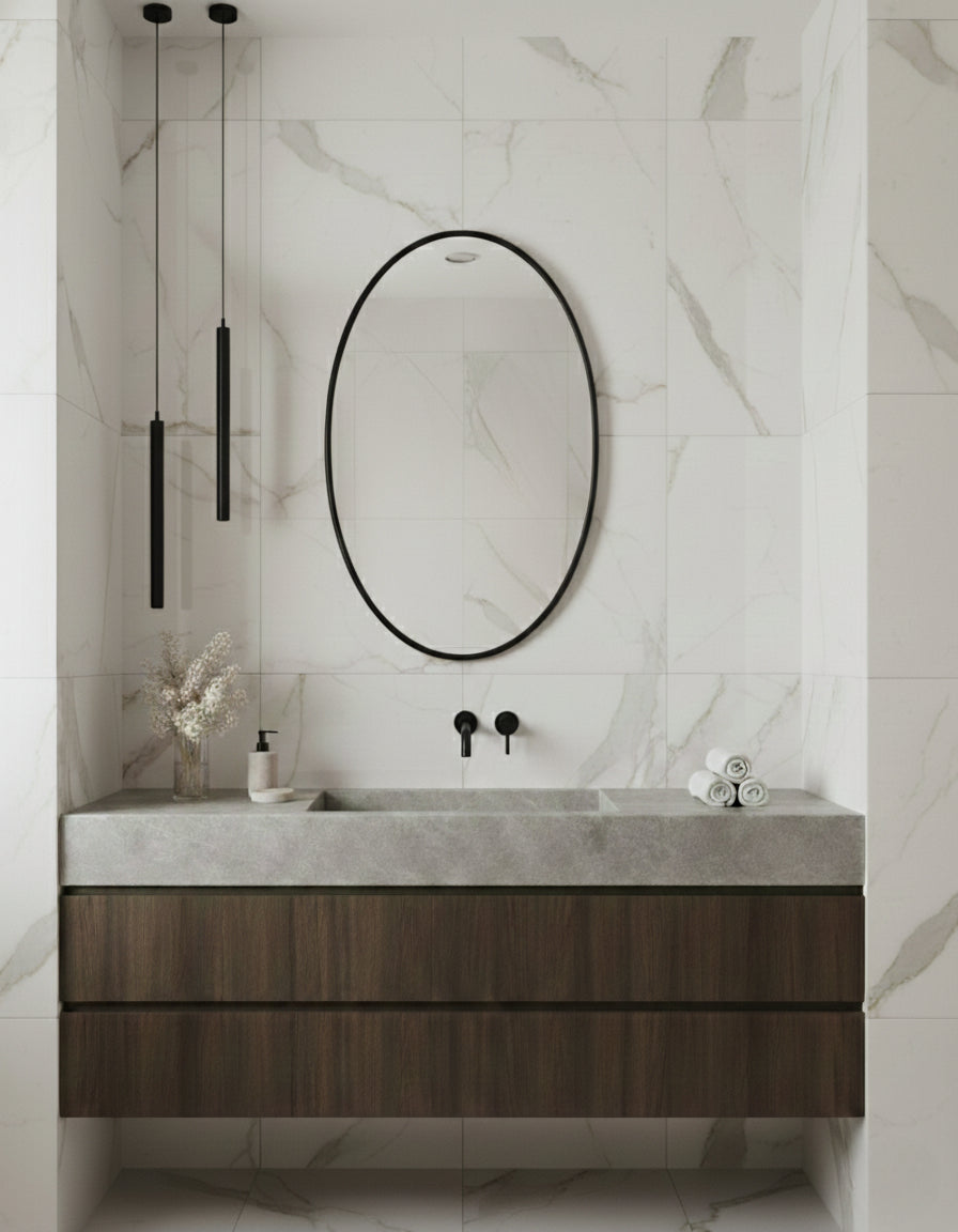 Black oval wall mirror above floating wood vanity in marble bathroom.