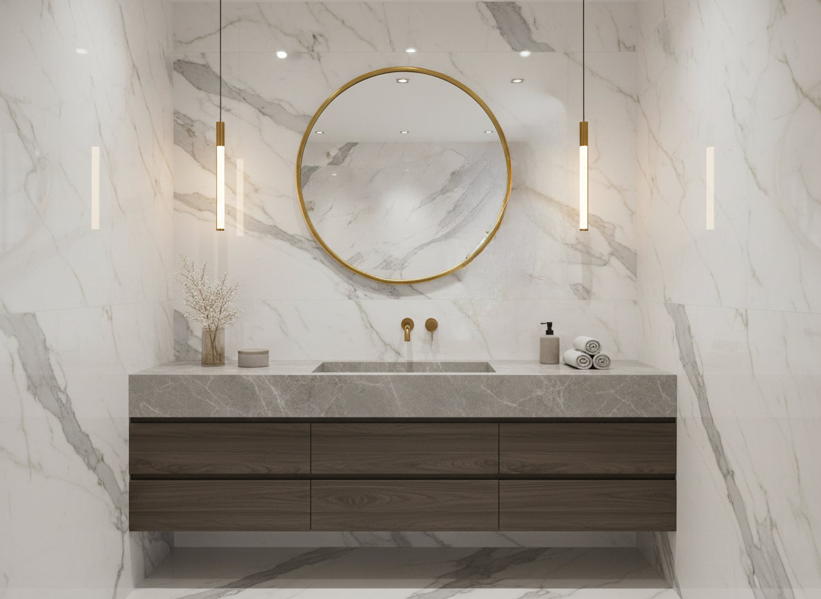 Round brass mirror above an elegant white fireplace mantel.