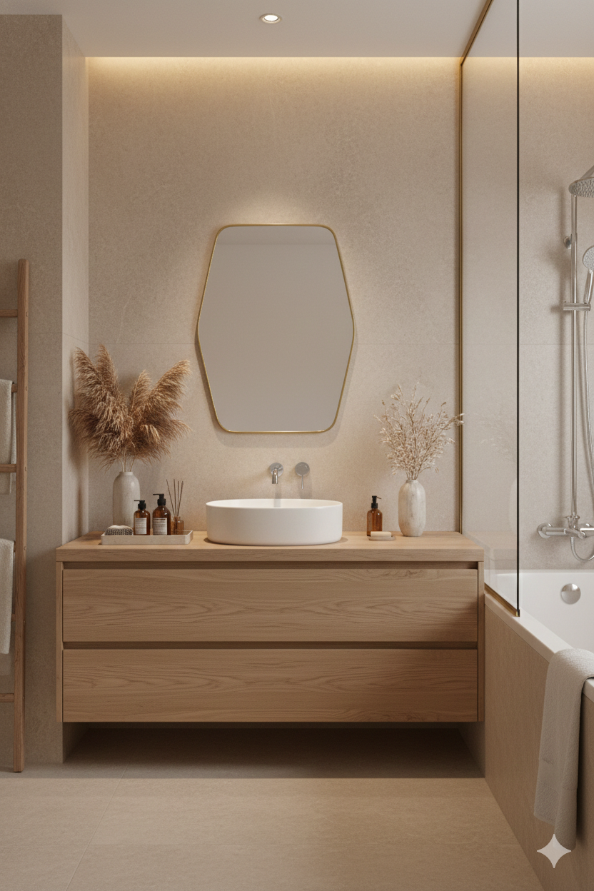 Hexagonal brass framed mirror in warm minimalist bathroom