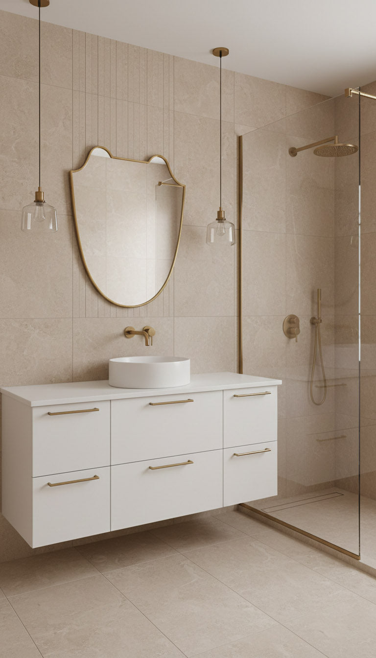 Shield brass mirror above modern white vanity and glass shower.
