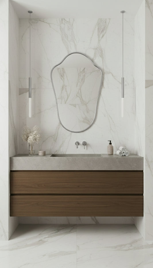 Silver shield mirror above floating wood vanity.