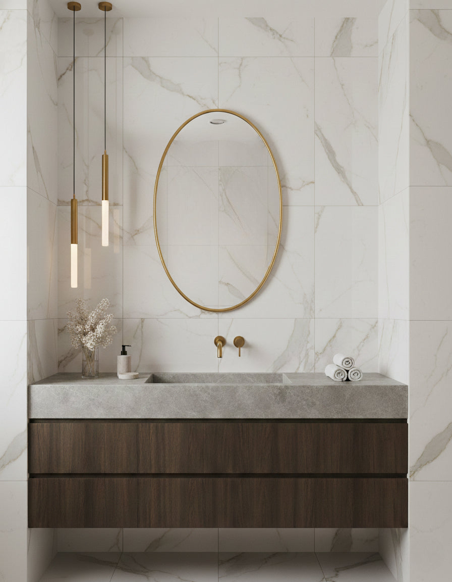 Modern bathroom with marble walls, wooden vanity, and gold fixtures.