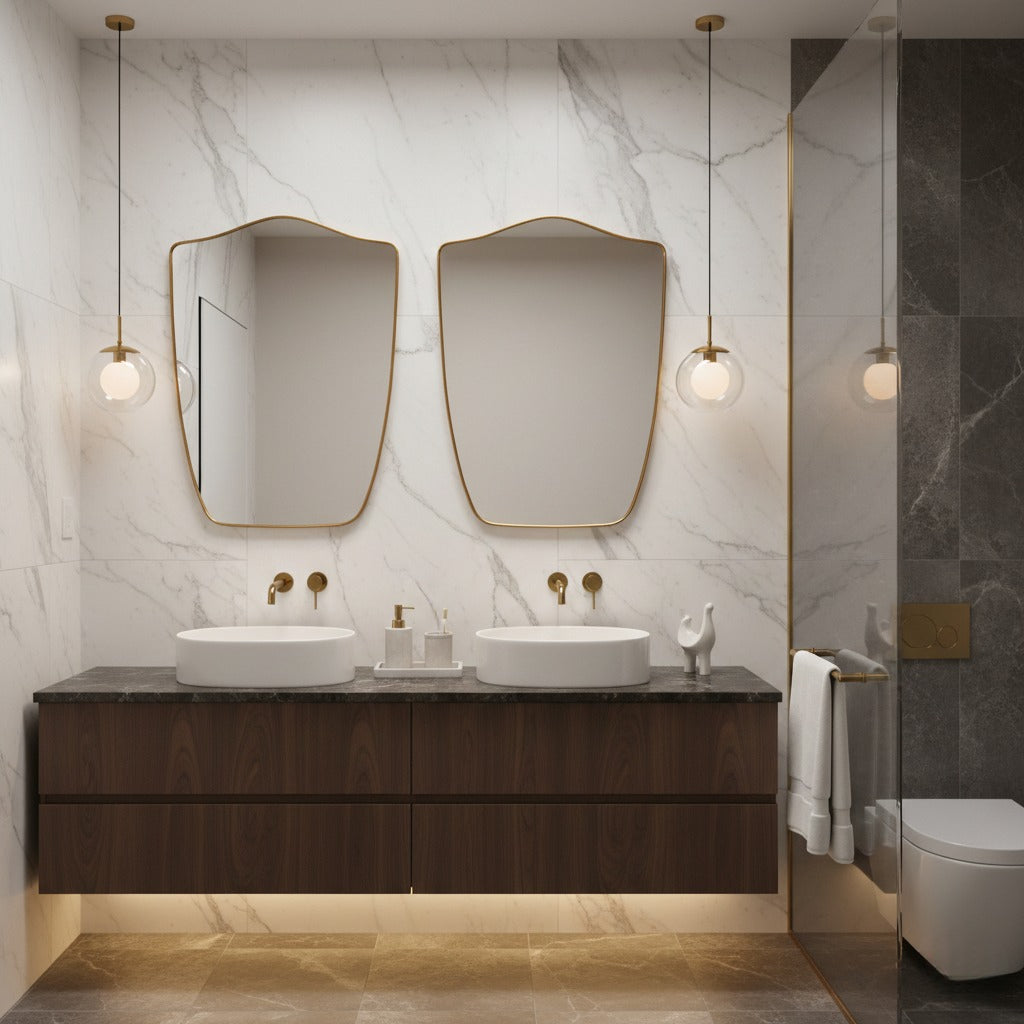 Modern bathroom with double sink vanity, mirrors, and pendant lights.