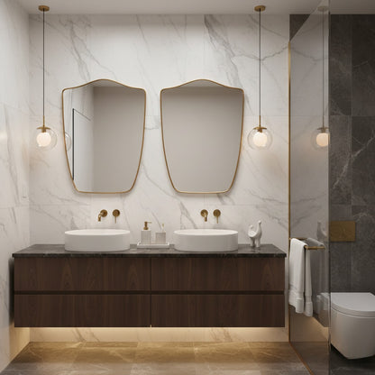 Modern bathroom with double sink vanity, mirrors, and pendant lights.