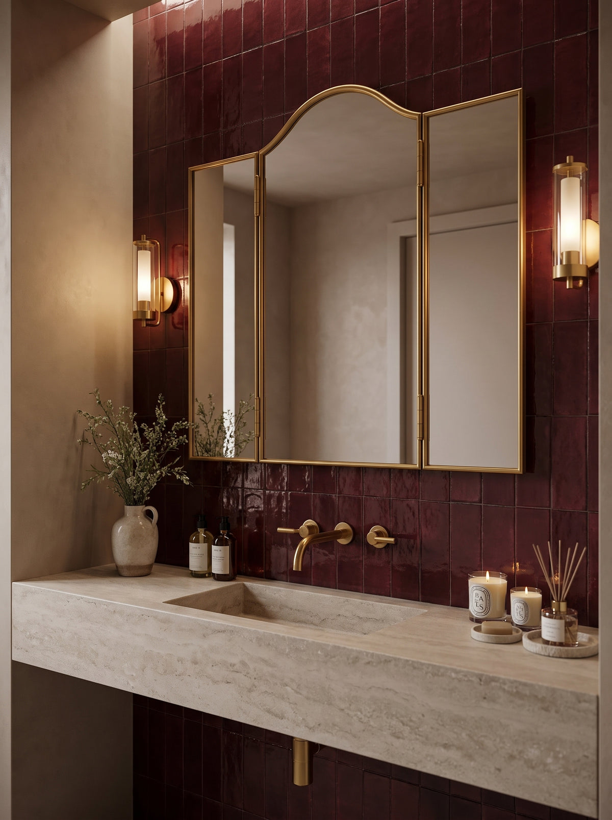 A luxury bathroom vanity setup featuring a large three-panel triptych mirror with a gold frame, mounted on a dark red tiled wall above a stone countertop with a matching gold faucet.