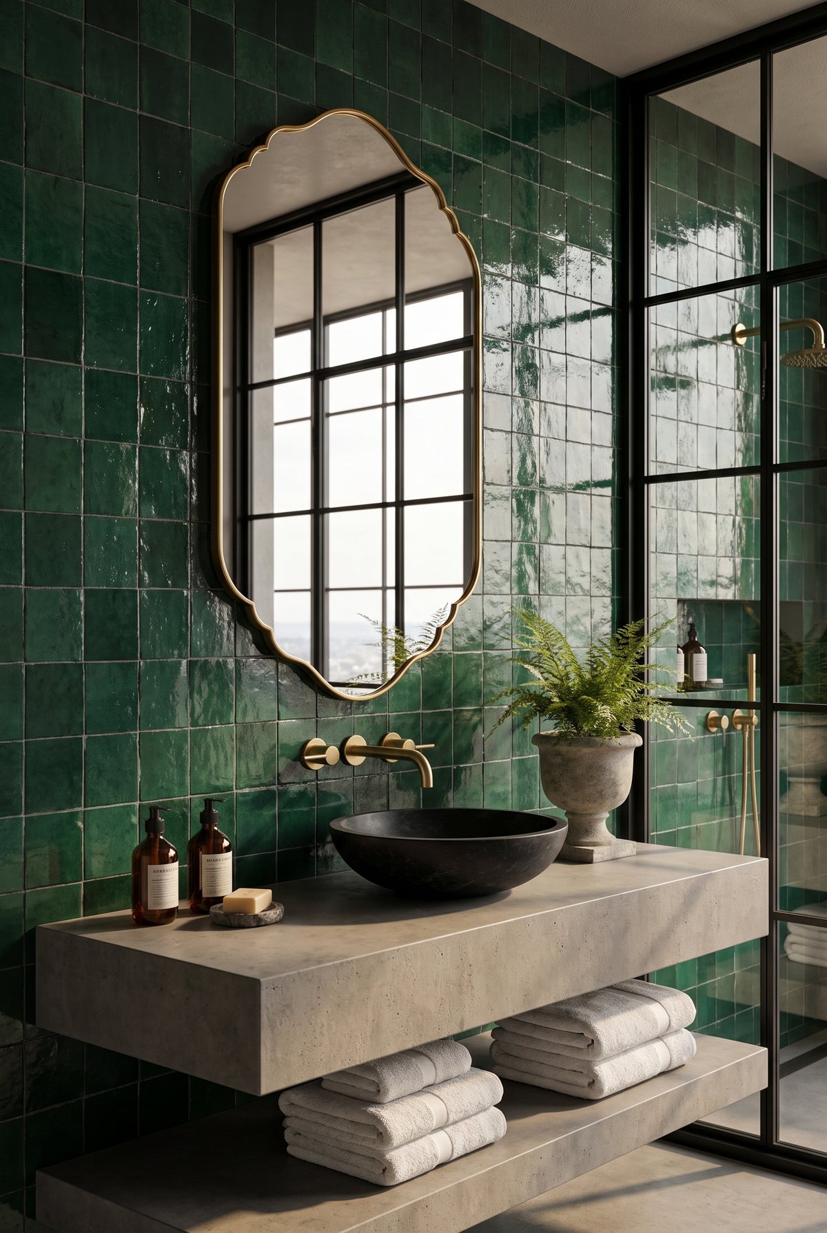A luxury bathroom interior featuring a floating concrete double vanity with a black vessel sink, a large scalloped gold-framed mirror, and glossy emerald green subway tiles. A black glass shower enclosure is visible on the right, and white towels are neatly folded on the vanity shelves.