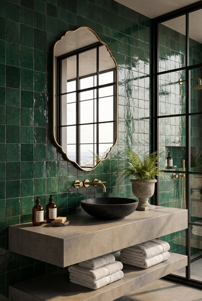 A luxury bathroom interior featuring a floating concrete double vanity with a black vessel sink, a large scalloped gold-framed mirror, and glossy emerald green subway tiles. A black glass shower enclosure is visible on the right, and white towels are neatly folded on the vanity shelves.