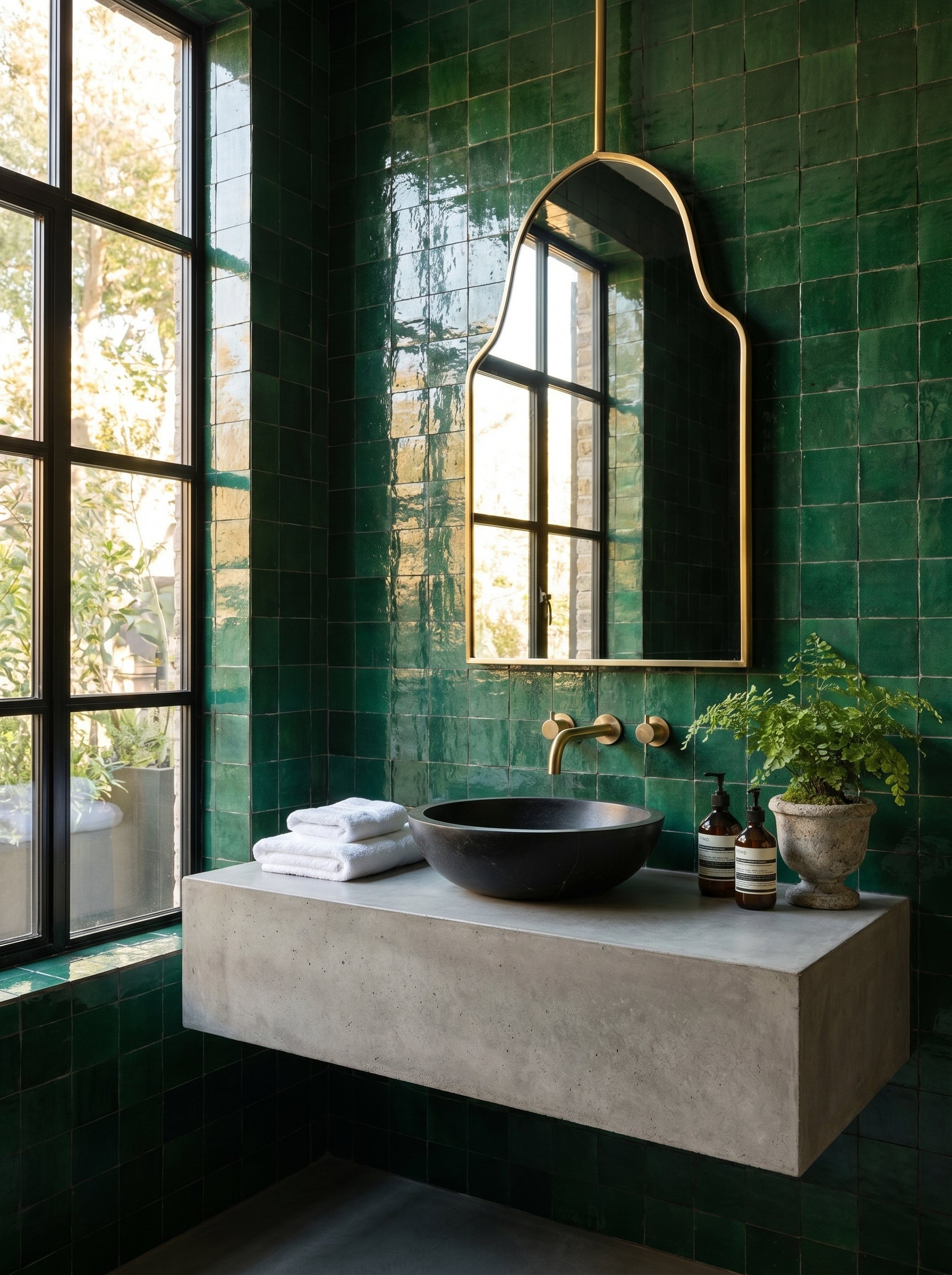 Suspended brass arch mirror above a floating concrete vanity in a modern bathroom with glossy green tiles.