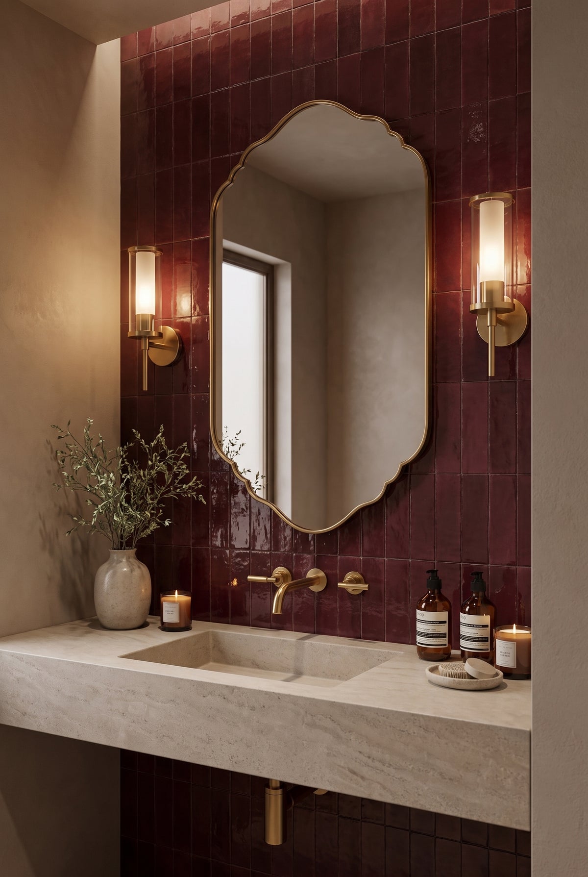 A modern bathroom vanity featuring a large scalloped oval mirror with a gold frame, mounted on a deep burgundy tiled wall above a light stone countertop. Warm brass wall sconces, gold faucet hardware, and styled toiletries are visible in the scene.