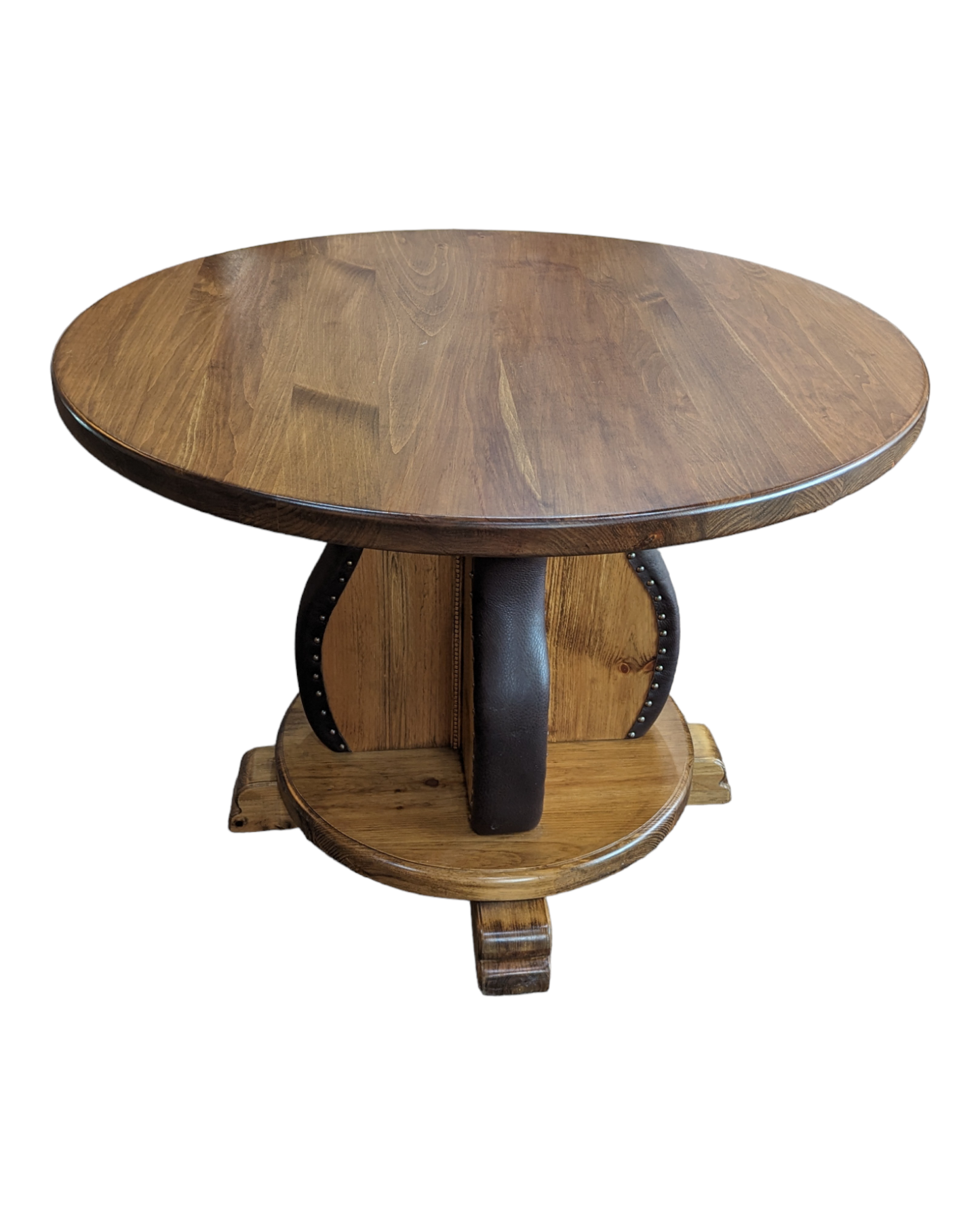 Wooden round table with a unique design on a white background