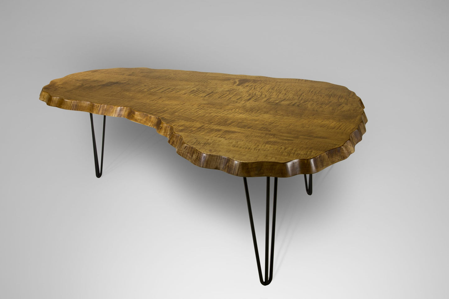 Wavy Tiger Maple Kidney Table with Hairpin Legs