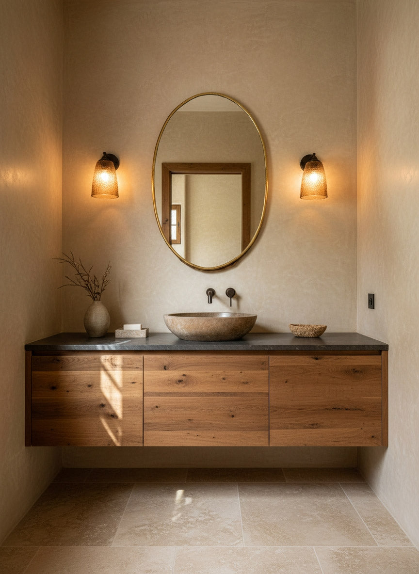 Oval brass mirror above wooden floating vanity in warm bathroom