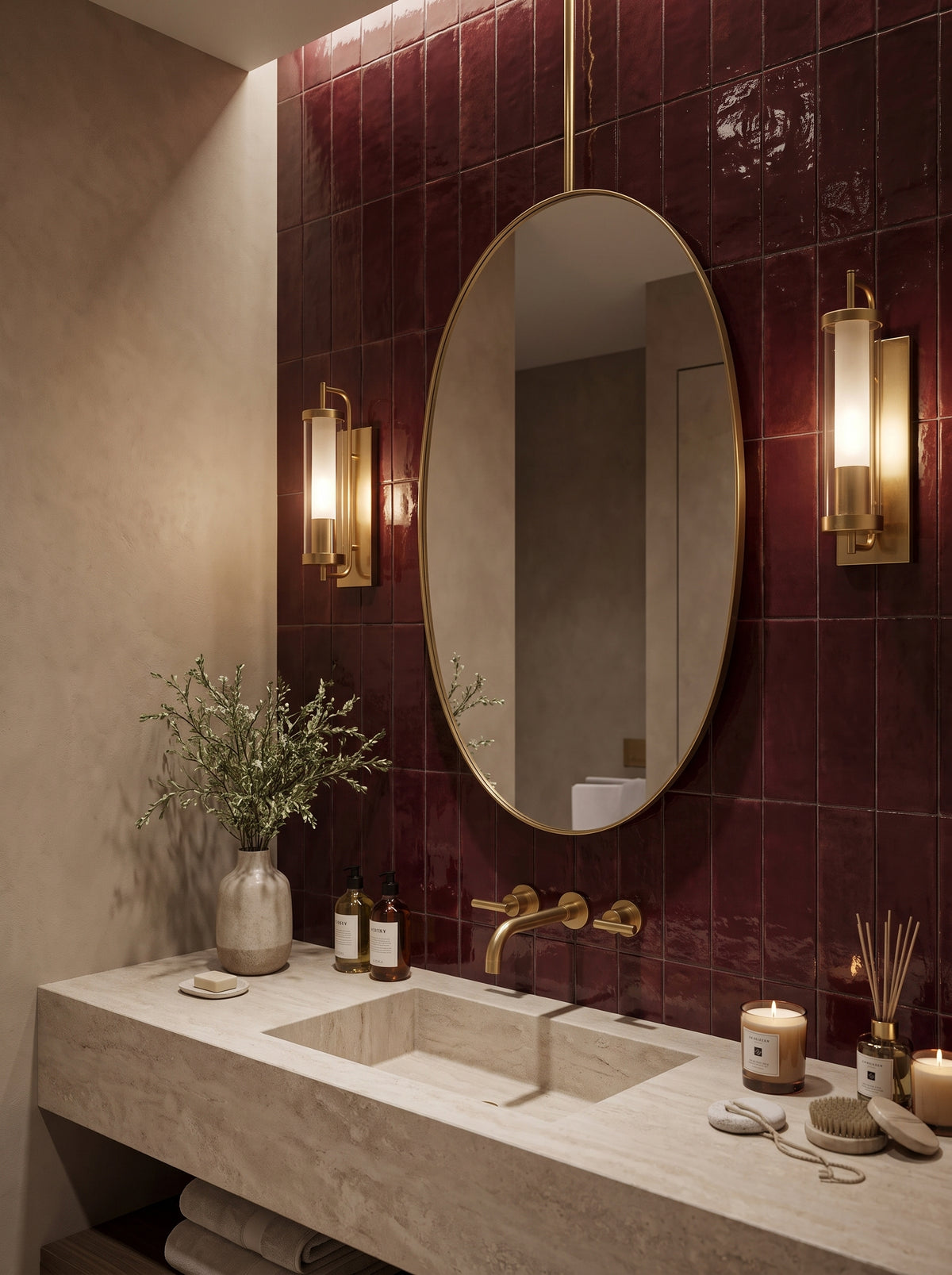 A luxury bathroom vanity setup featuring a large oval gold-framed mirror, a beige stone double sink countertop, and a deep burgundy tiled wall illuminated by warm gold sconces.