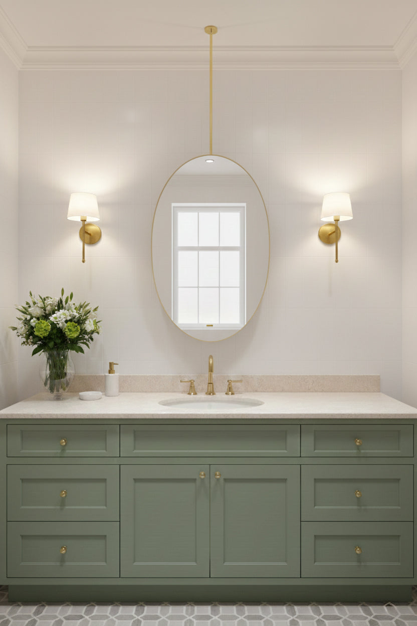 Oval brass ceiling mirror above green bathroom vanity