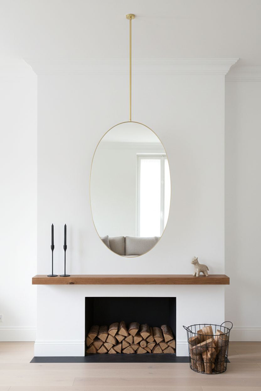 Oval brass ceiling mirror above fireplace mantel