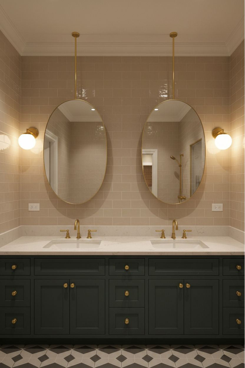 Double oval brass ceiling mirrors over modern bathroom sinks