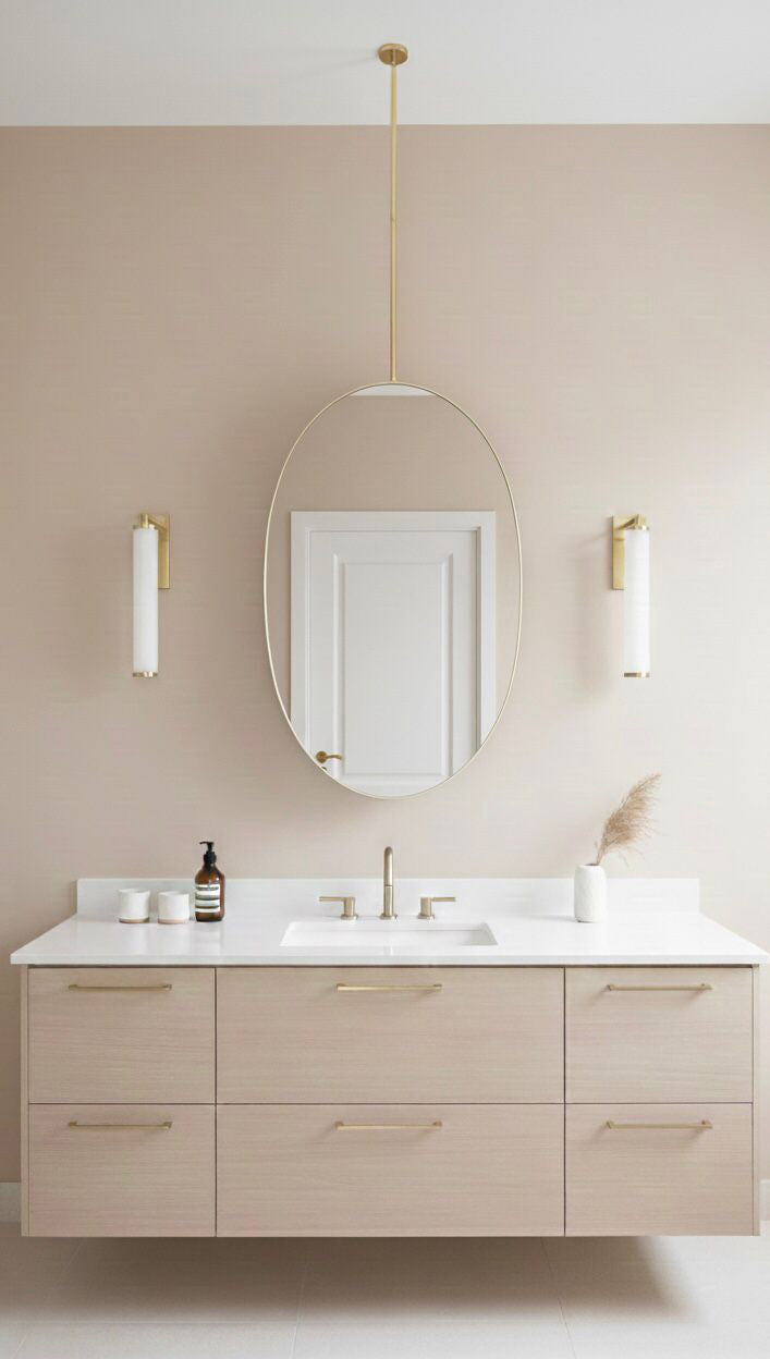 Oval brass ceiling mirror in modern neutral bathroom