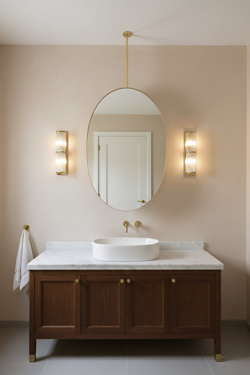 Oval hanging brass mirror above wooden vanity