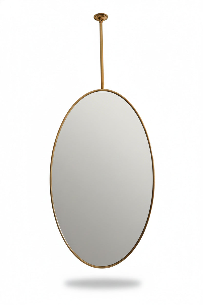 Handcrafted oval suspended mirror with brass frame