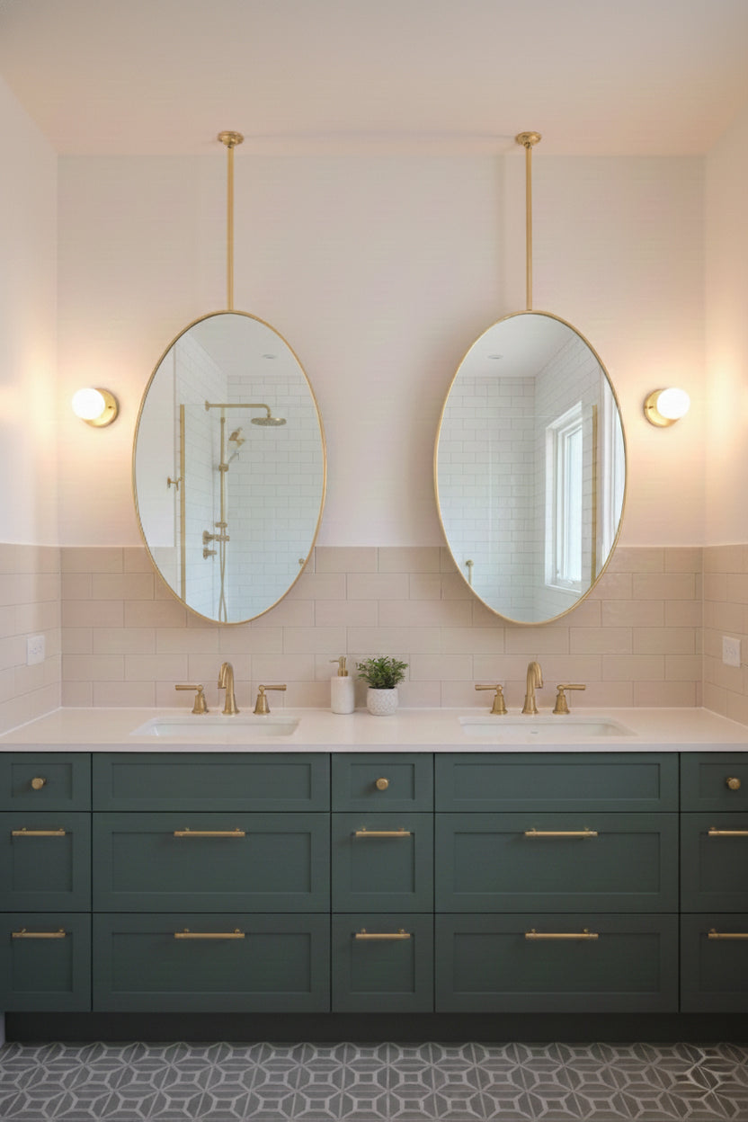 Double oval suspended mirrors above dual vanity