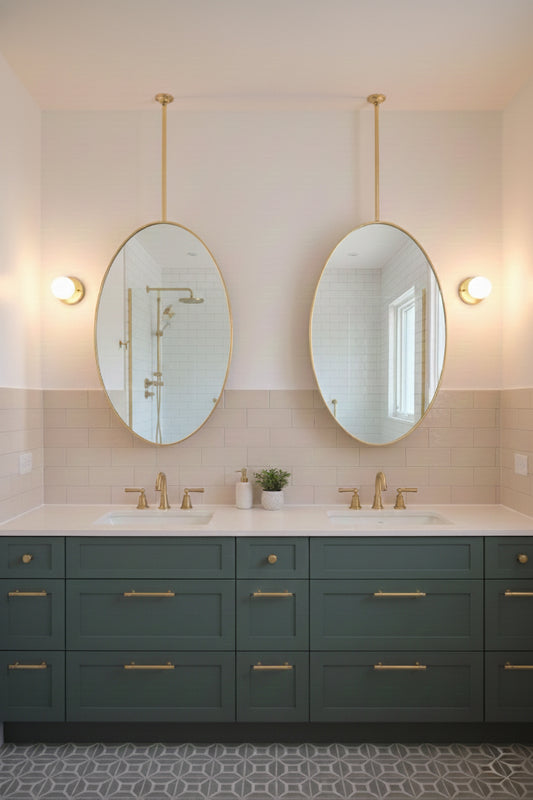 Double oval suspended mirrors above dual vanity