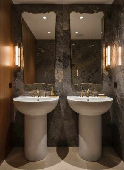 Pair of brass wall mirrors above double marble pedestal sinks in a luxury bathroom
