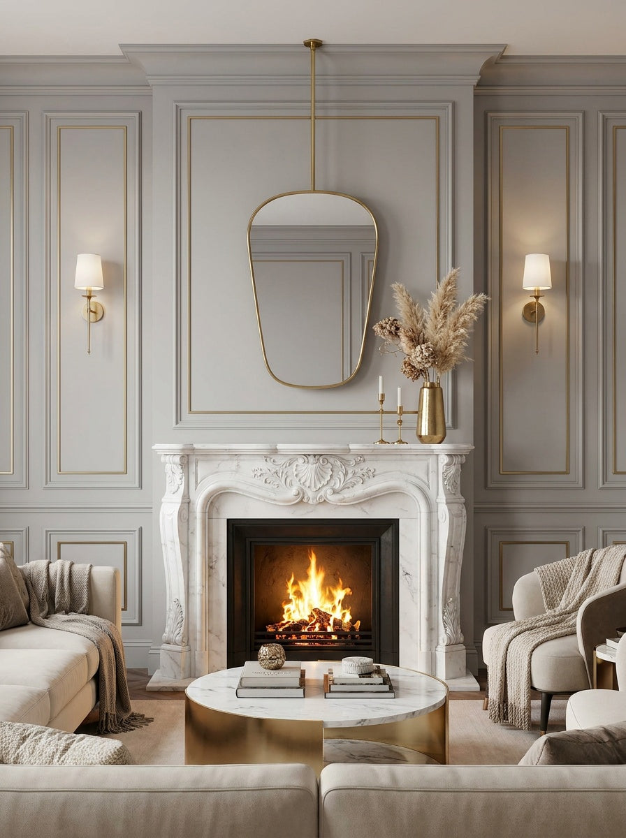 Suspended organic brass mirror above marble fireplace mantel.