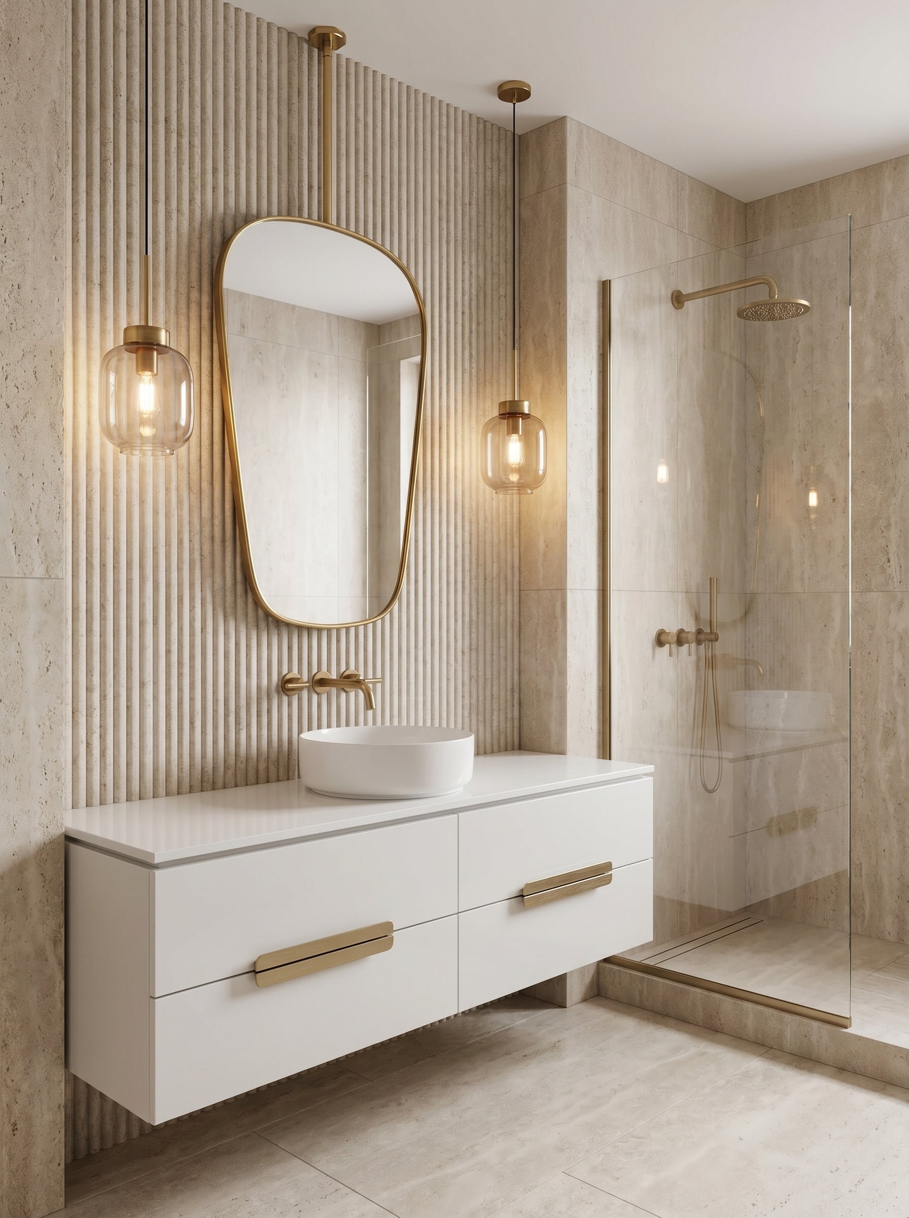 Ceiling-mounted organic brass mirror above luxury bathroom vanity.