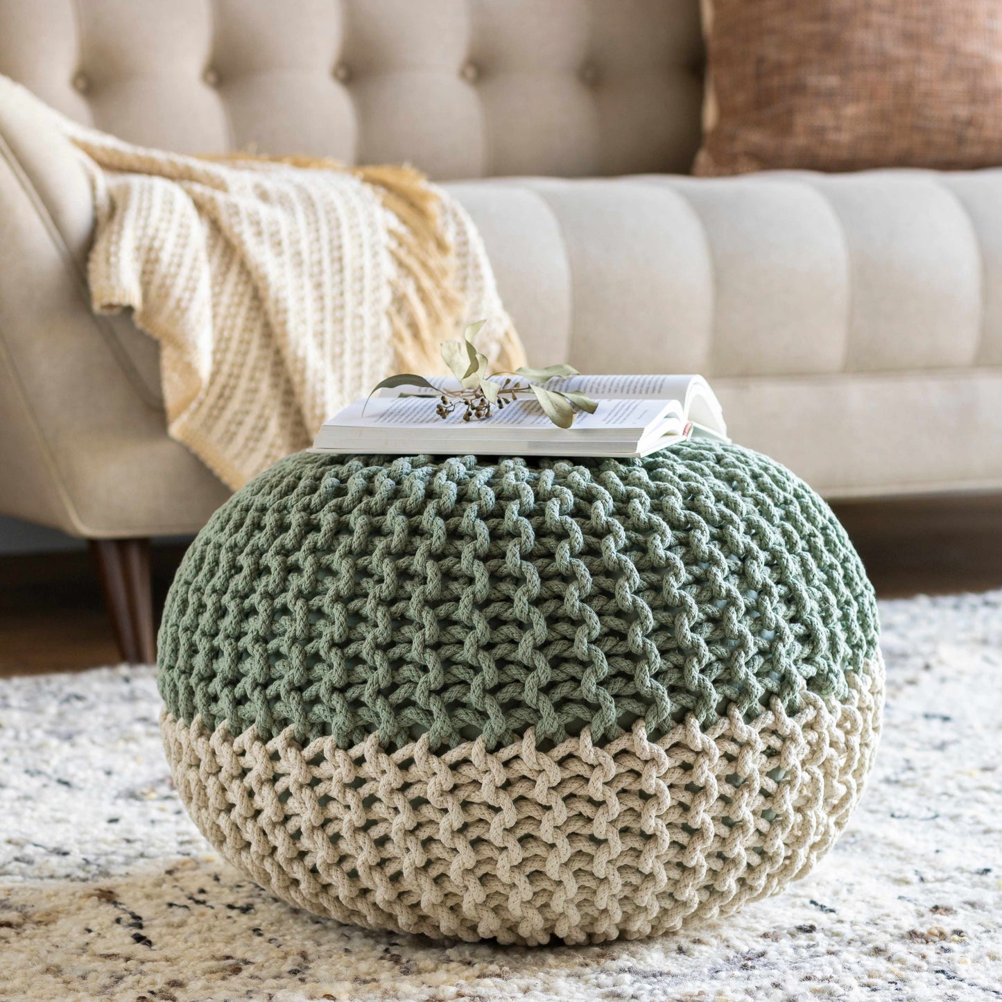 Point Pouf Contemporary Knitted Pouf In Off White And Sage For Living Rooms