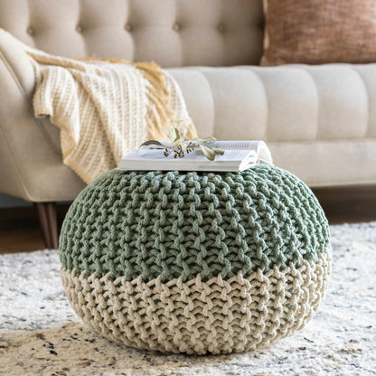 Point Pouf Contemporary Knitted Pouf In Off White And Sage For Living Rooms