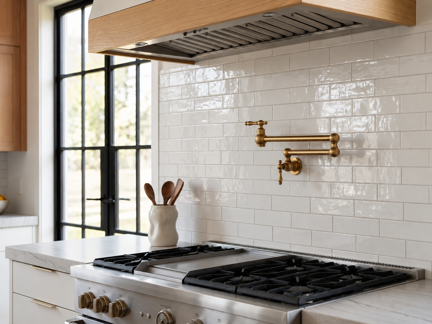 Solid brass wall-mounted pot filler faucet installed above a gas range with glossy white subway tile backsplash and natural wood range hood.